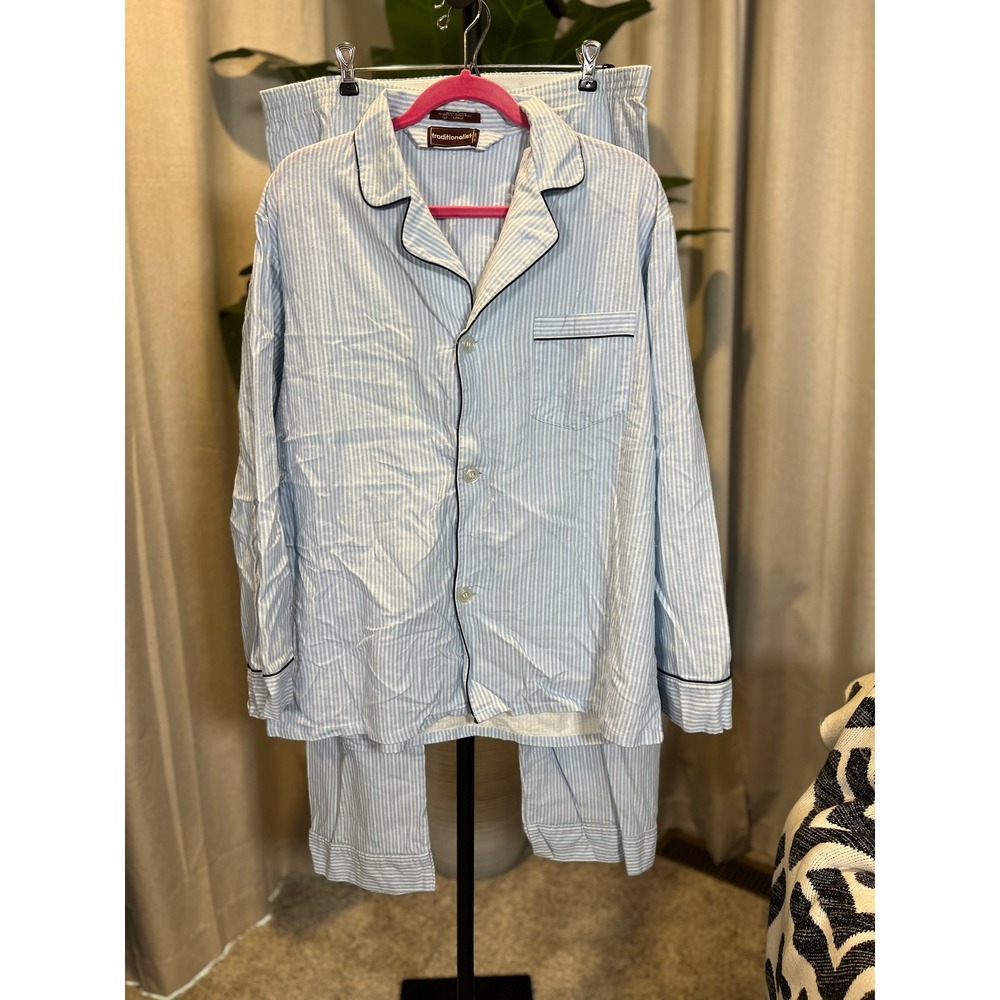 Traditionalist Mens Blue White Striped 100% Cotton Pajama Set Large L Piped